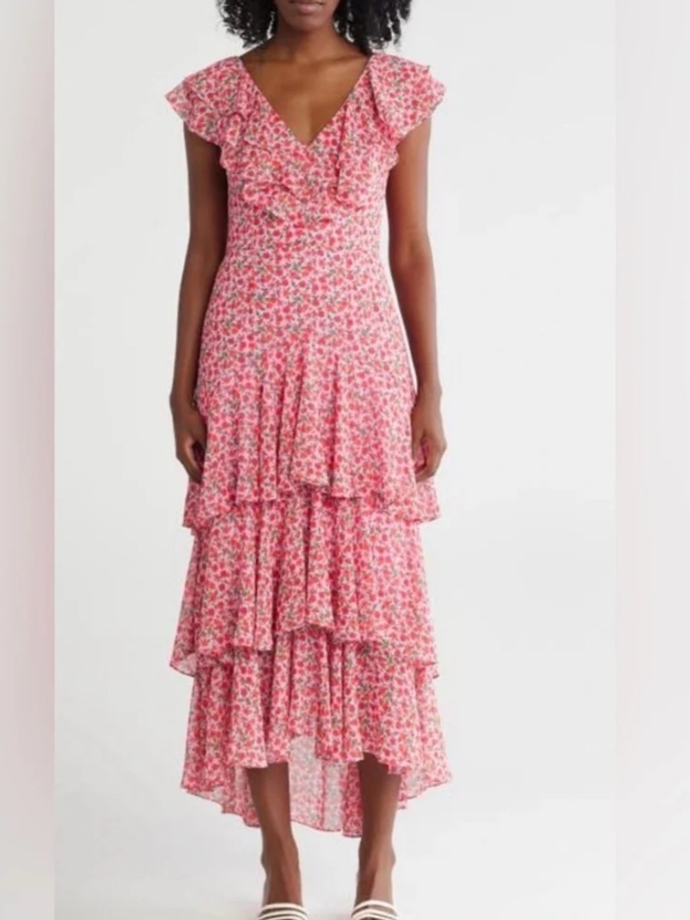 WAYF Chelsea Tiered Floral Ruffle Midi Maxi Dress V Neck Pink w Red Roses Sz S